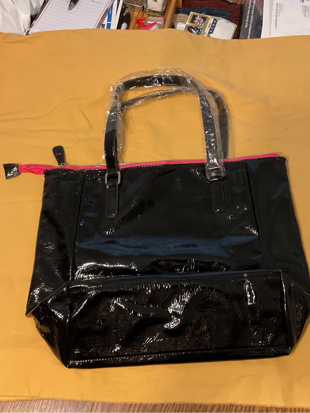 Barbie Black Patent Tote Bag with Pink Zipper